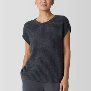 Eileen Fisher Charcoal Organic Cotton Fluff Crew Neck Vest Boucle Knit Top M